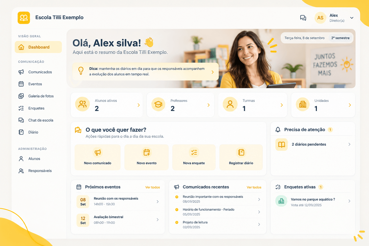 Painel administrativo da escola tilli, com resumo de alunos, turmas, comunicados e eventos